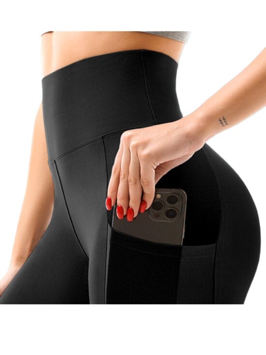 Womens High Waisted Leggings with Pockets, Full Length, BLACK, Size SMALL-MEDIUM - Picture 4 of 4